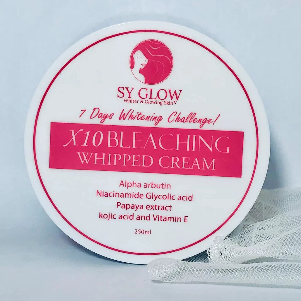 SY Glow X10 Bleaching Whipped Cream container on a light blue background