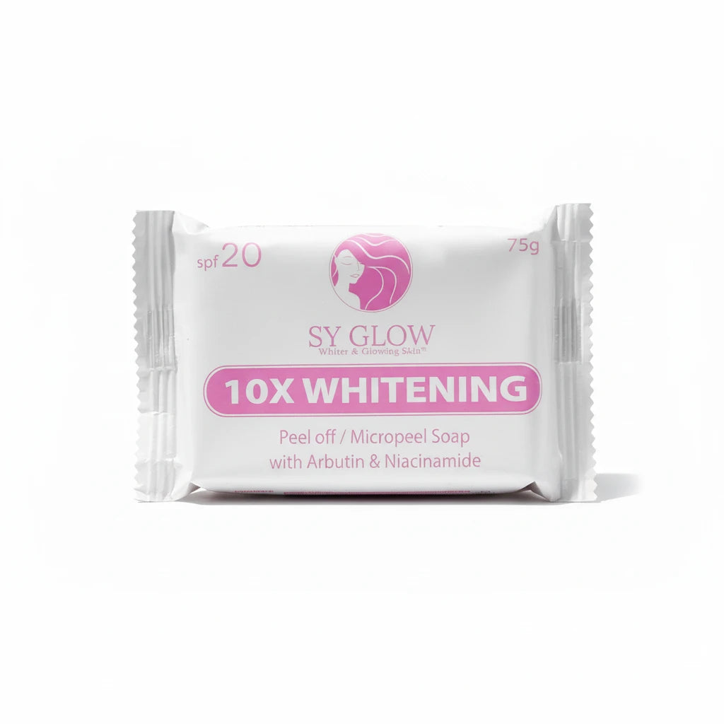 SY Glow 10X Whitening peel off micropeel soap packaging on a white background
