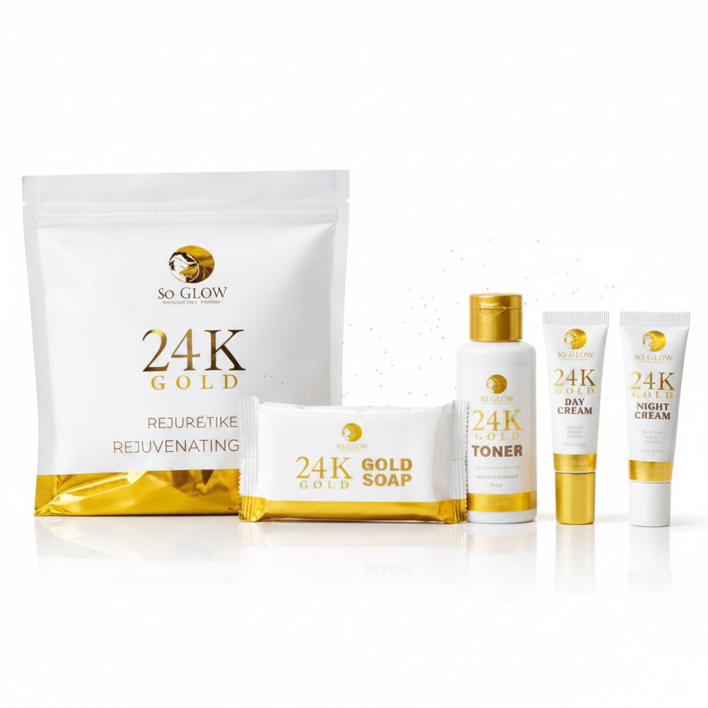 Set of skincare products with 24K gold branding on a white background