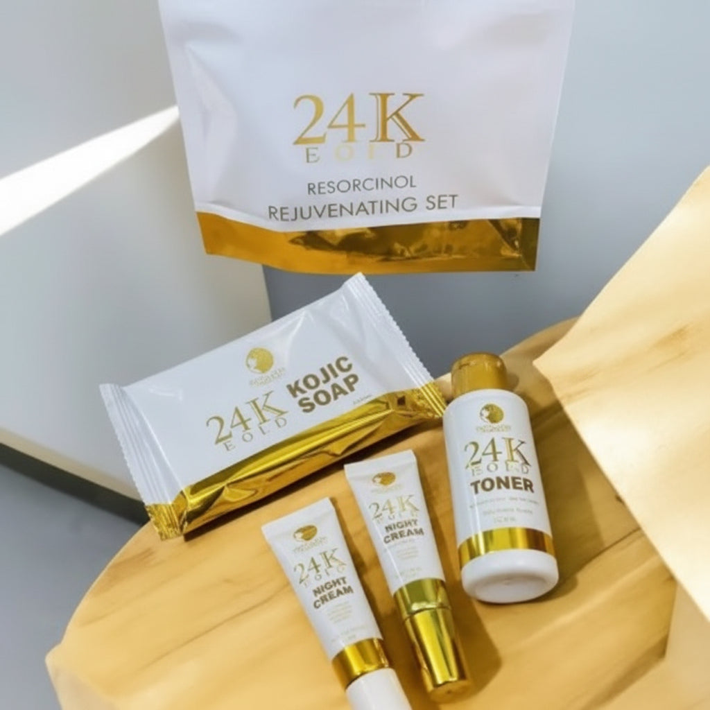 Skincare product set with bottles and packaging on a wooden surface