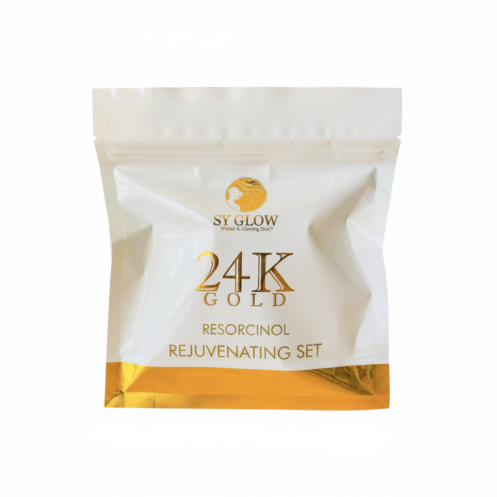 SY Glow 24K Gold Resorcinol Rejuvenating Set packaging on a wooden surface with a purple gradient background
