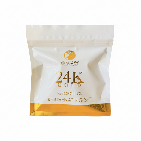 SY Glow 24K Gold Resorcinol Rejuvenating Set packaging on a wooden surface with a purple gradient background
