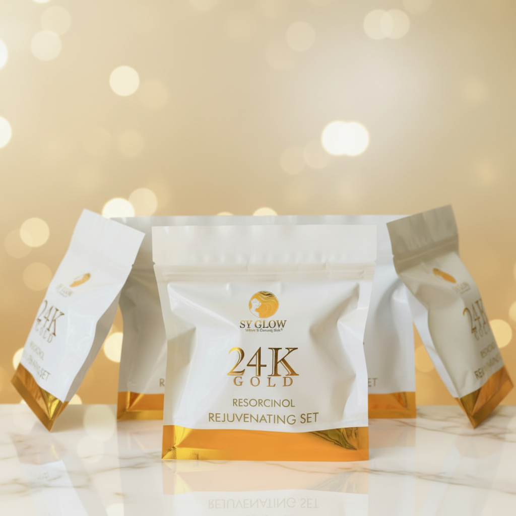 SY Glow 24K Gold Resorcinol Rejuvenating Set packaging on a wooden surface with a purple gradient background