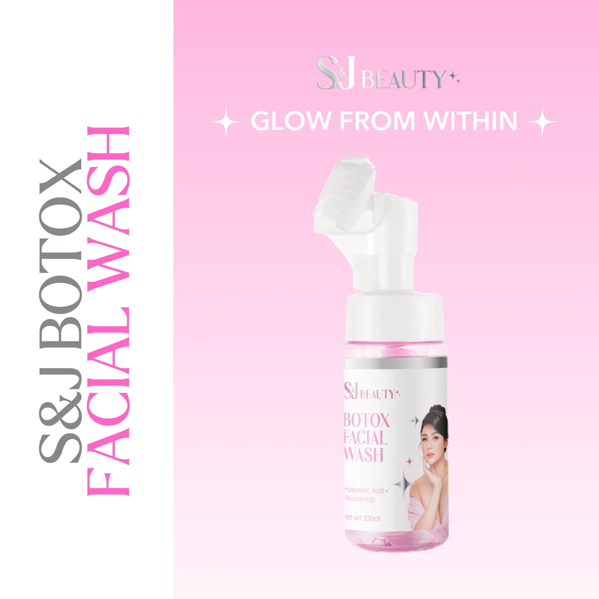 S&J Beauty Botox Facial Wash bottle on a pink background with brand name and product name displayed.