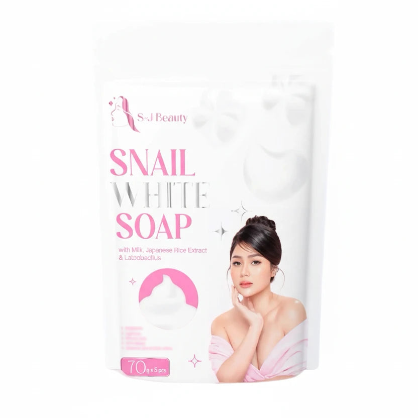 Snail white soap packaging with a woman's face on a white background