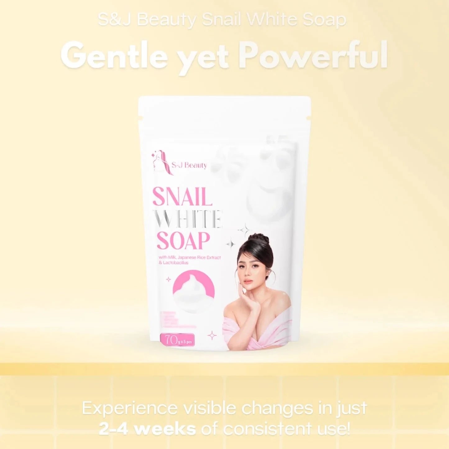 Snail White Soap packaging with a woman's face on a yellow background