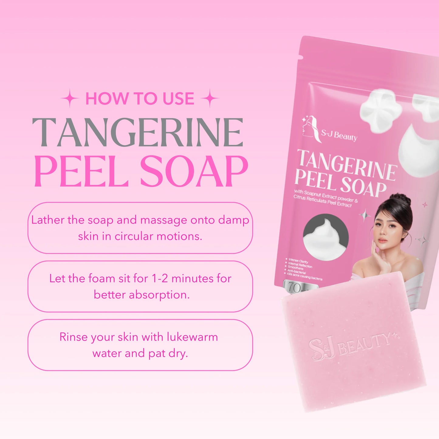 Tangerine peel soap packaging with usage instructions on a pink background