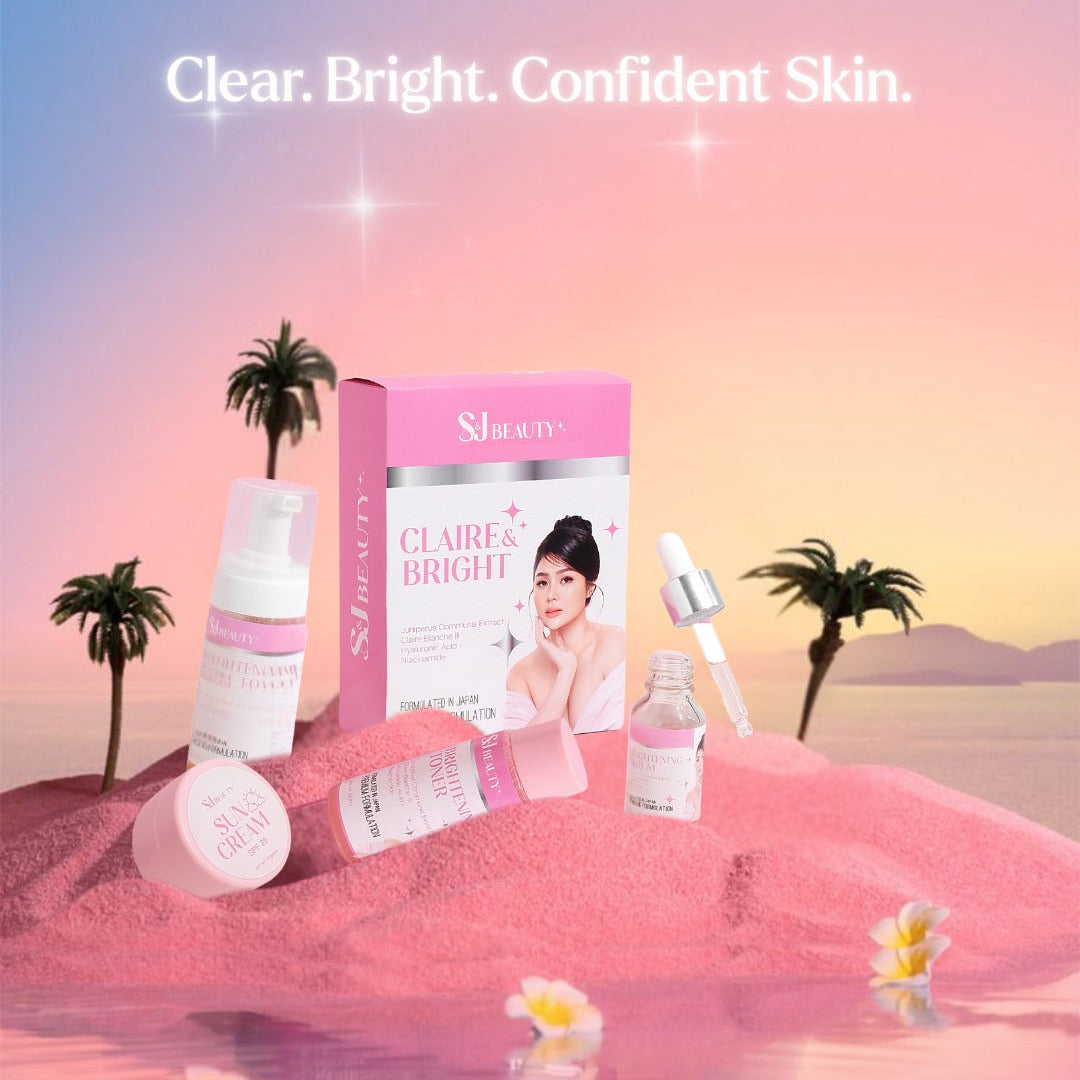 SJ Beauty skincare products with a pink and blue gradient background