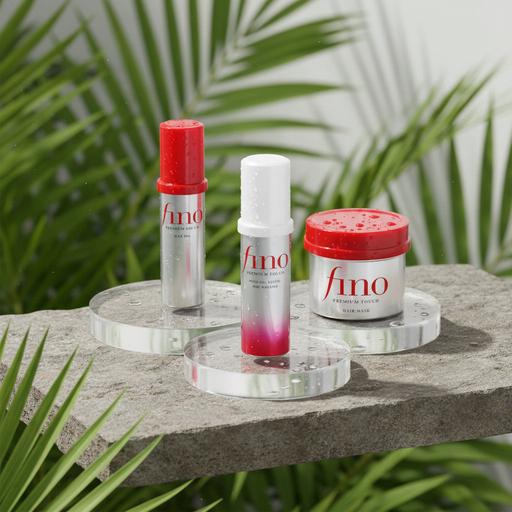 Three FNO hair care products arranged on clear acrylic stands against a white background: a silver bottle with a red cap, a white pump bottle with a pink-to-red gradient base, and a white jar with a red lid. The products are labeled FNO and appear to be hair oil, hair color developer, and hair mask.