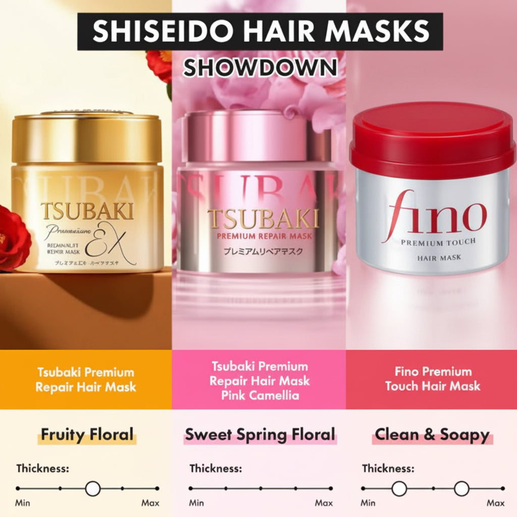 A promotional comparison graphic for three Shiseido hair masks: Tsubaki Premium Repair Hair Mask (Fruity Floral, gold jar), Pink Camellia (pink jar), and Fino Premium Touch Hair Mask (red lid, silver jar). The layout shows brand logos, product names, scent/character descriptors, and thickness scales on a pastel multicolor background.