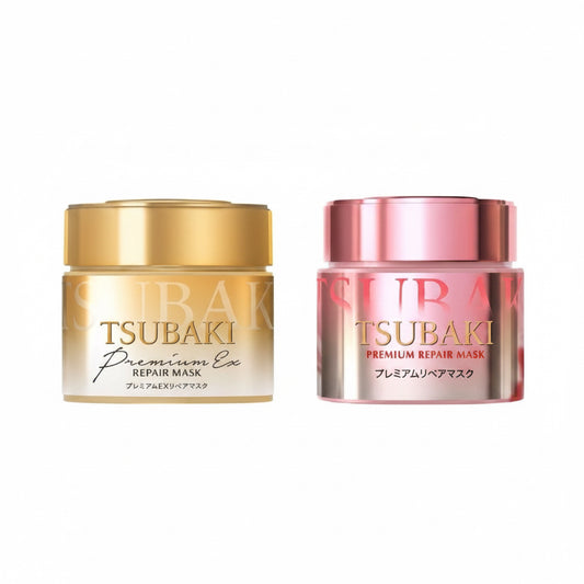 Two Tsubaki Premium Repair Mask jars shown side by side on a white card with blue text. The left jar is labeled 'Regular' and has a gold lid and gold container.