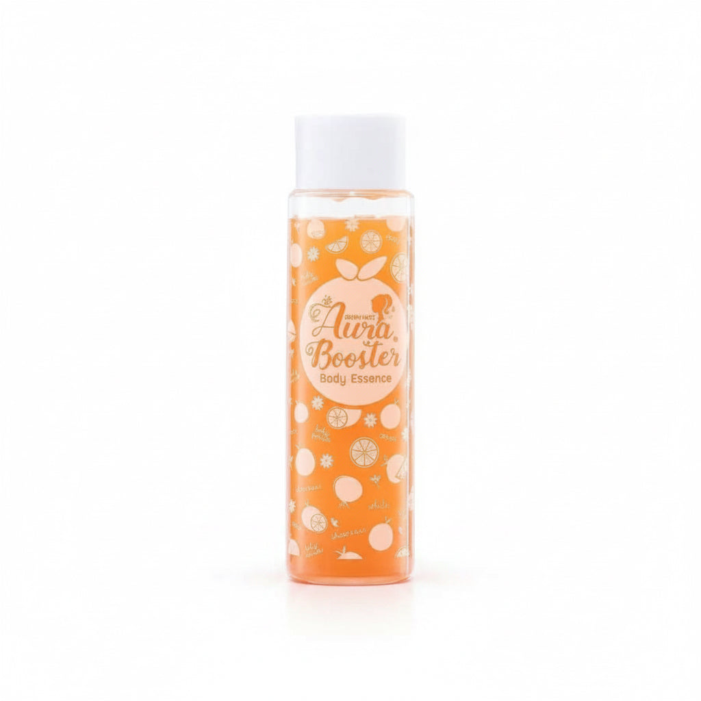 Orange bottle with floral design and white cap on a white background
