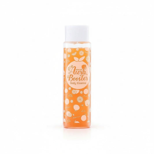Orange bottle with floral design and white cap on a white background