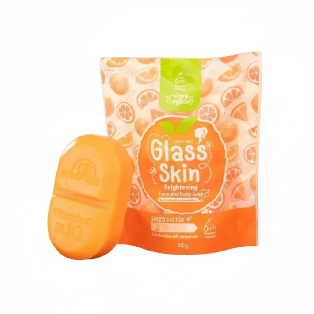 Glass Skin brightening face and body soap with packaging on a white background