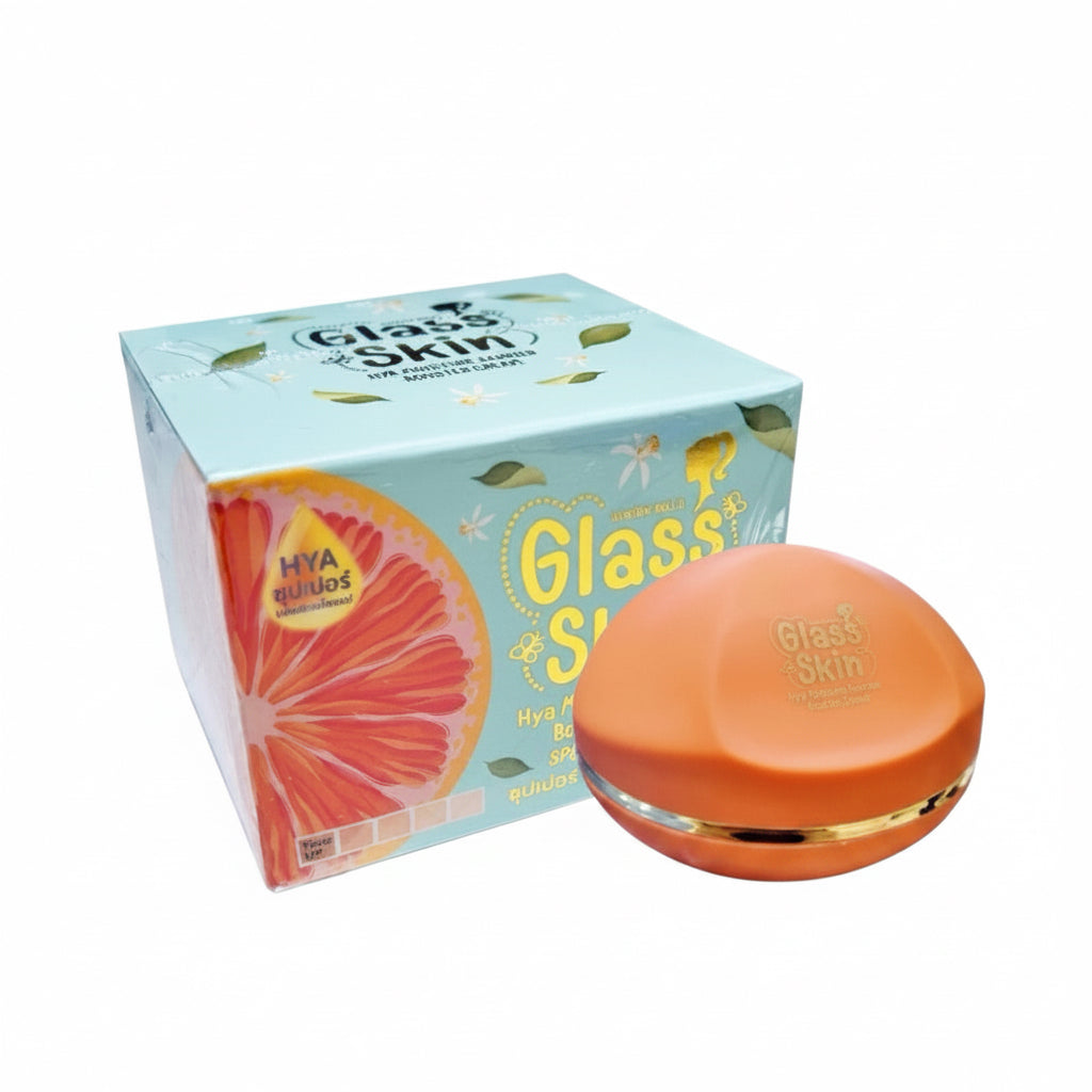 Glass of Skin skincare product with packaging on a promotional background