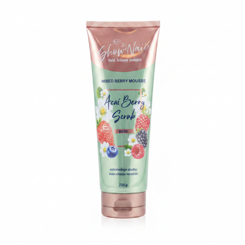 Hand holding a tube of 'Exhilarate' scrub in a store aisle