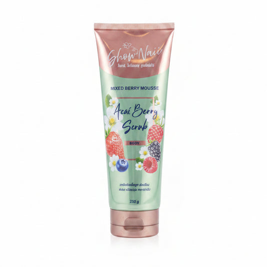 Hand holding a tube of 'Exhilarate' scrub in a store aisle