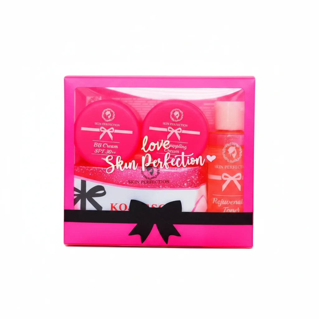 Kiss Me Skin Perfection gift set with pink packaging on a white background