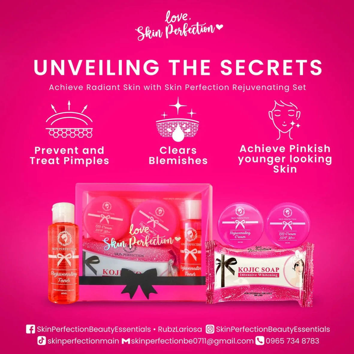 Advertisement for Skin Perfection beauty products on a pink background