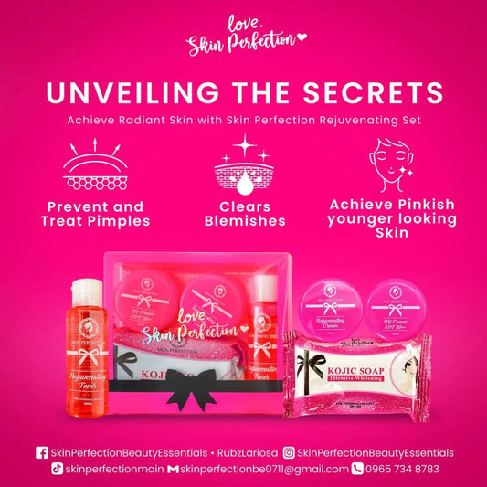 Advertisement for Skin Perfection beauty products on a pink background
