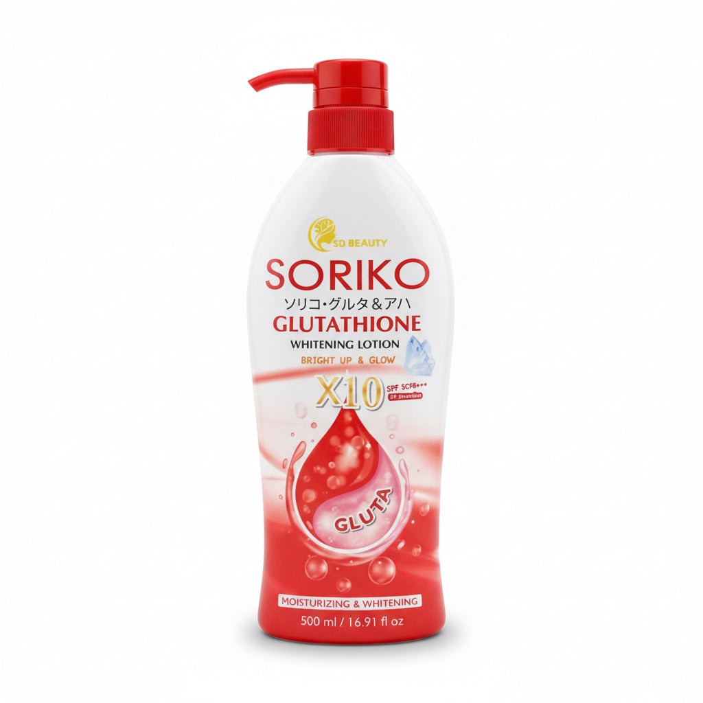 Soriko Glutathione Whitening Lotion bottle with pump on a white background