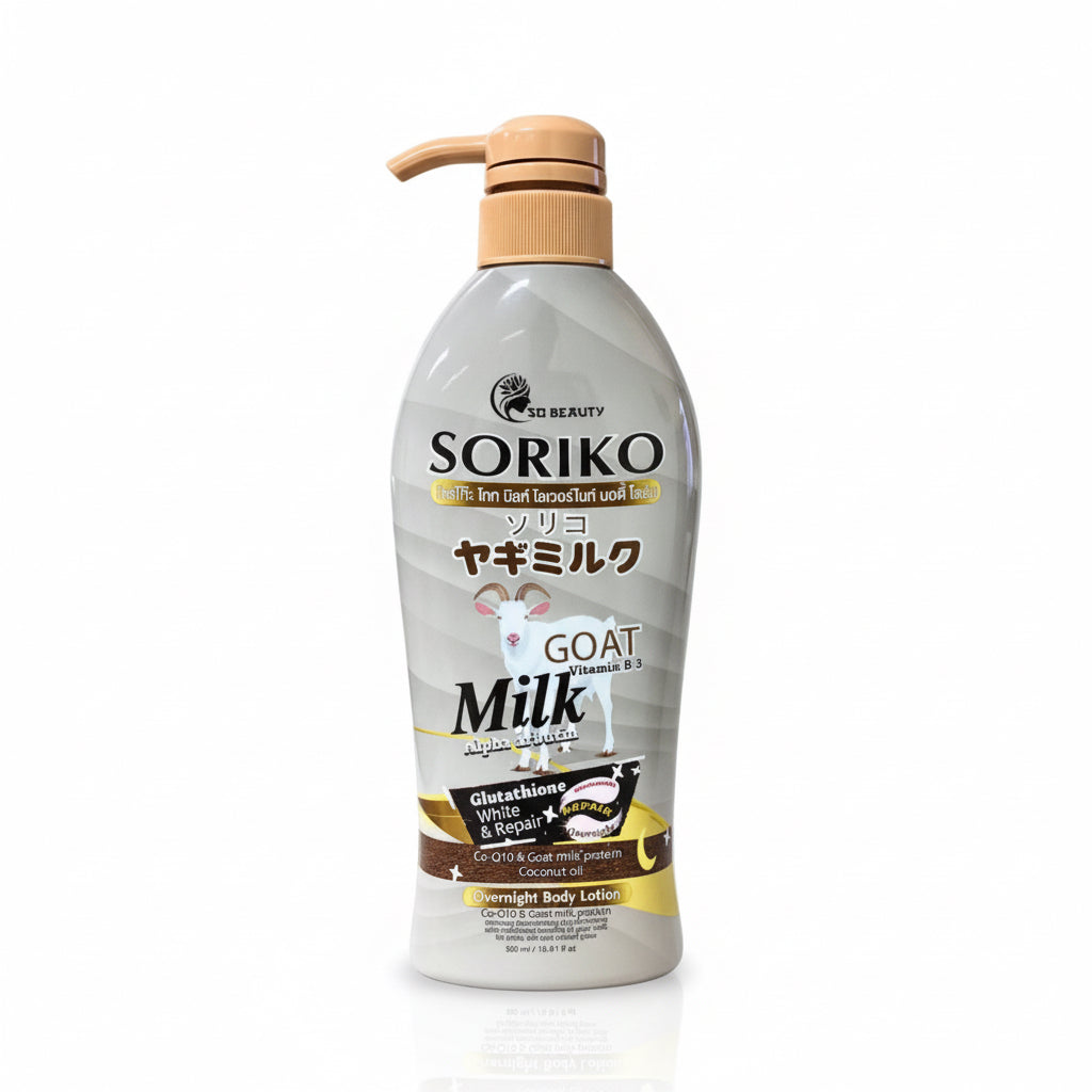 Soriko goat milk body lotion with pump on a white background