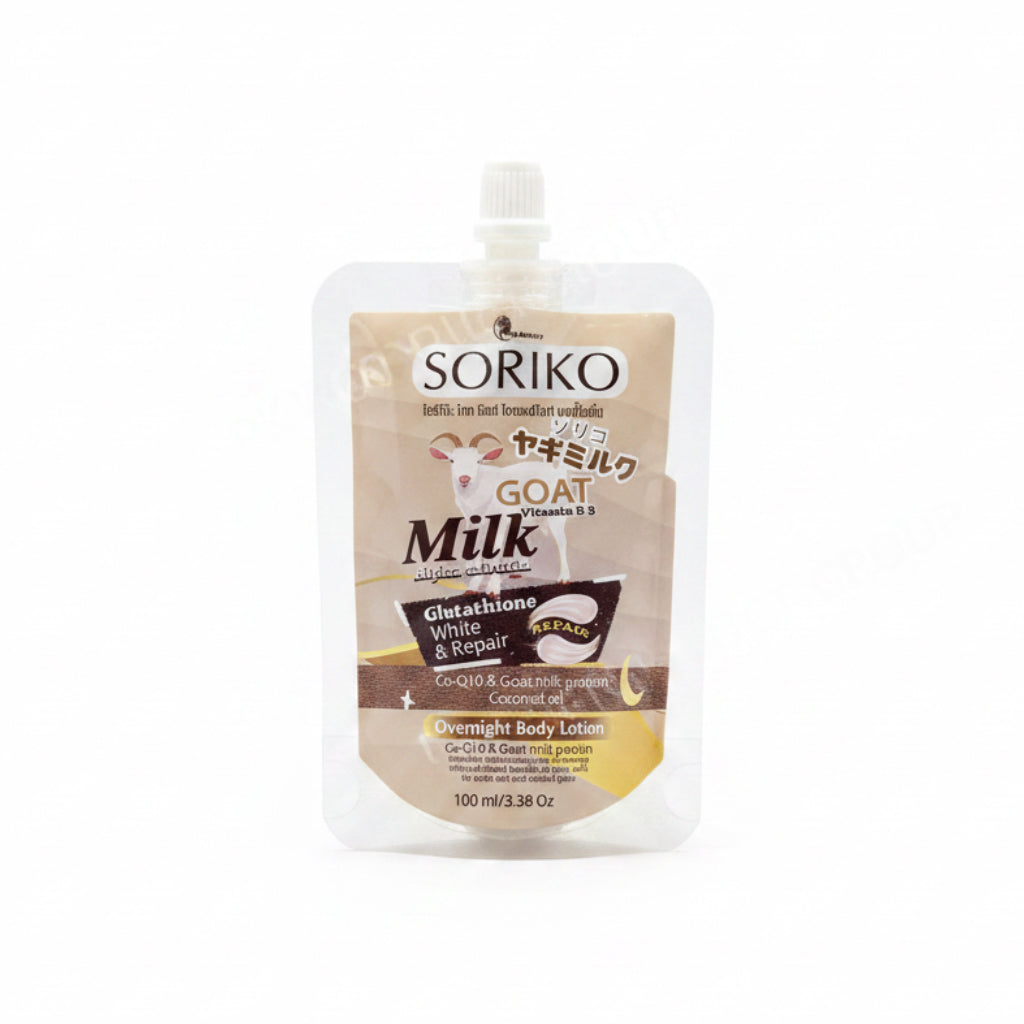Soriko Goat Milk product held in a hand with more products in the background