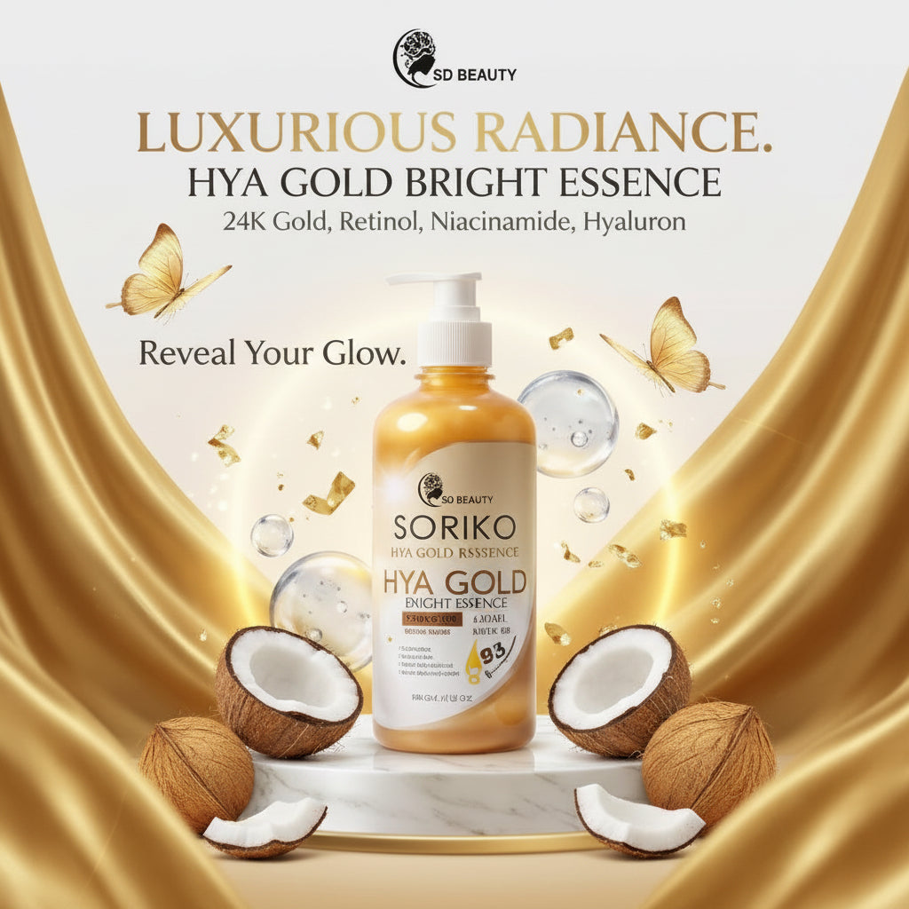 Soriko Hya Gold Bright Essence bottle on a marble platform with gold fabric background