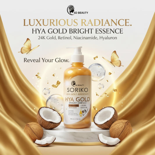 Soriko Hya Gold Bright Essence bottle on a marble platform with gold fabric background