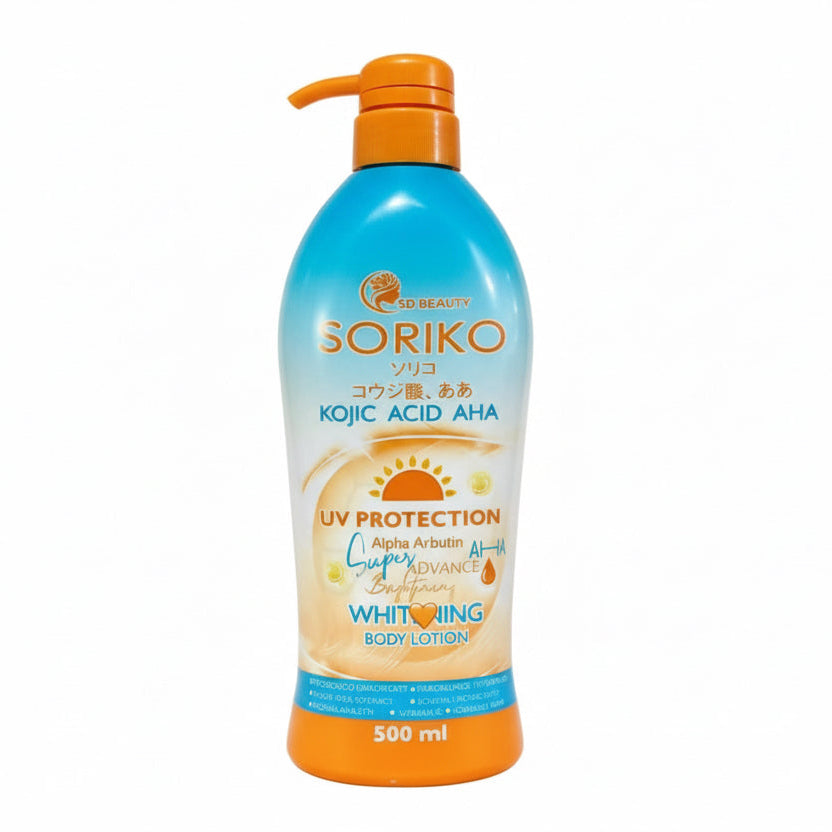 Soriko Kojic Acid AHA UV Protection body lotion bottle with pump on a white background