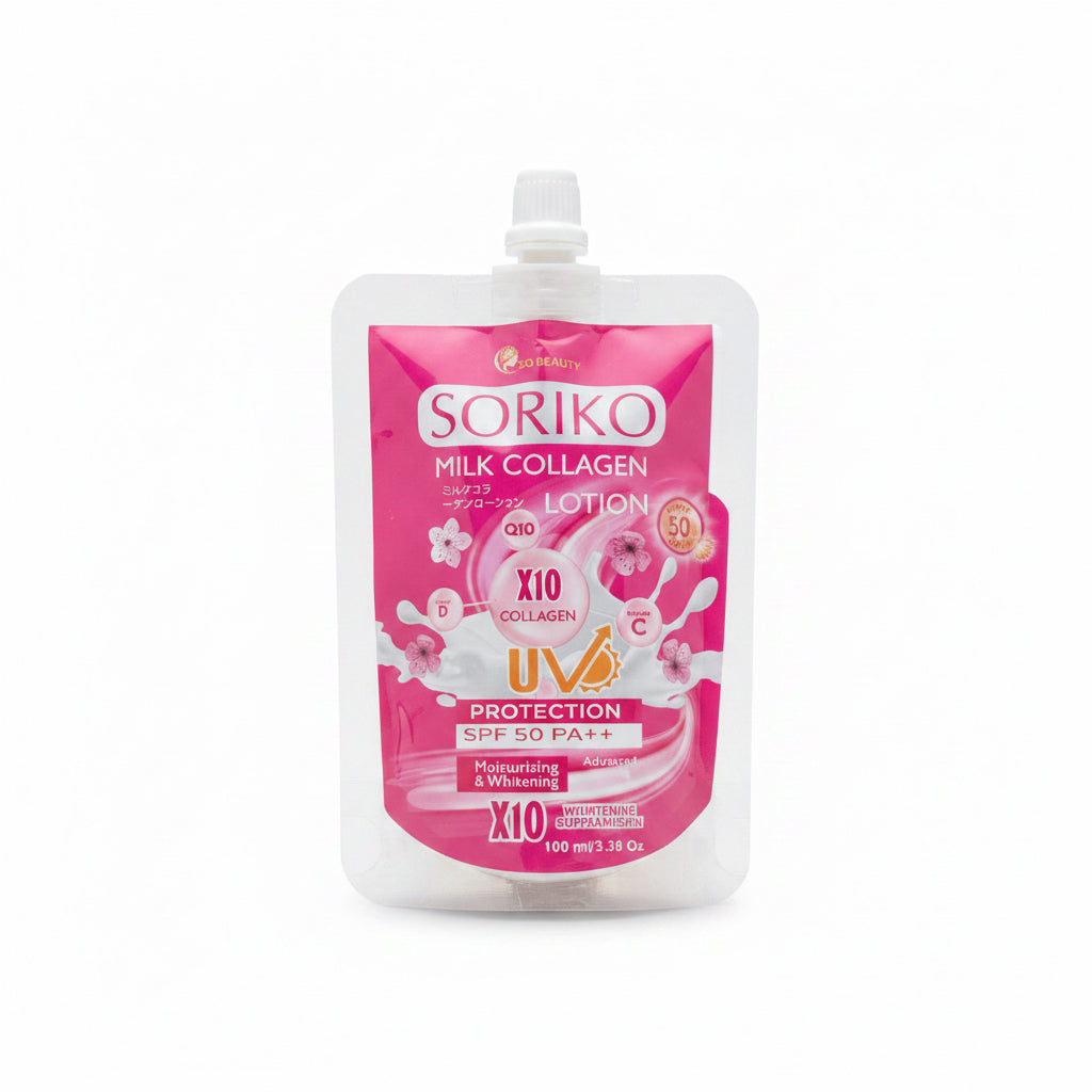 Soriko Milk Collagen Lotion packaging held by a hand with boxes in the background.