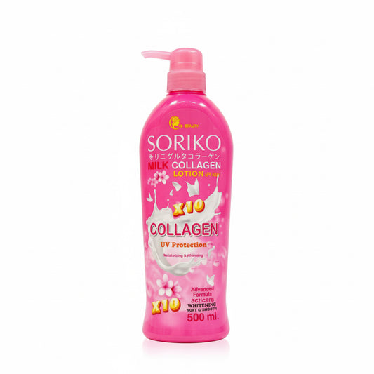 Soriko Milk Collagen Lotion bottle with pink pump on a white background