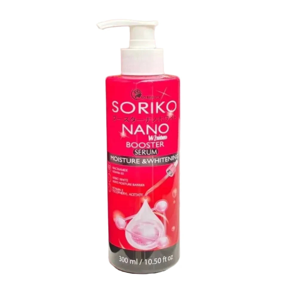 Soriko Nano Booster Serum bottle on a pink background with rose petals