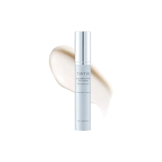 A pump bottle of TIRTIR Collagen Lifting Eye Cream with a swatch showing the product texture.