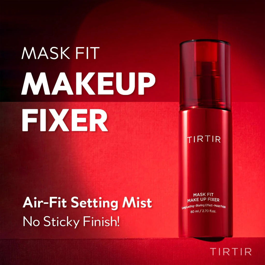 Red bottle of TIRTIR Mask Fit Makeup Fixer on a red background with text.