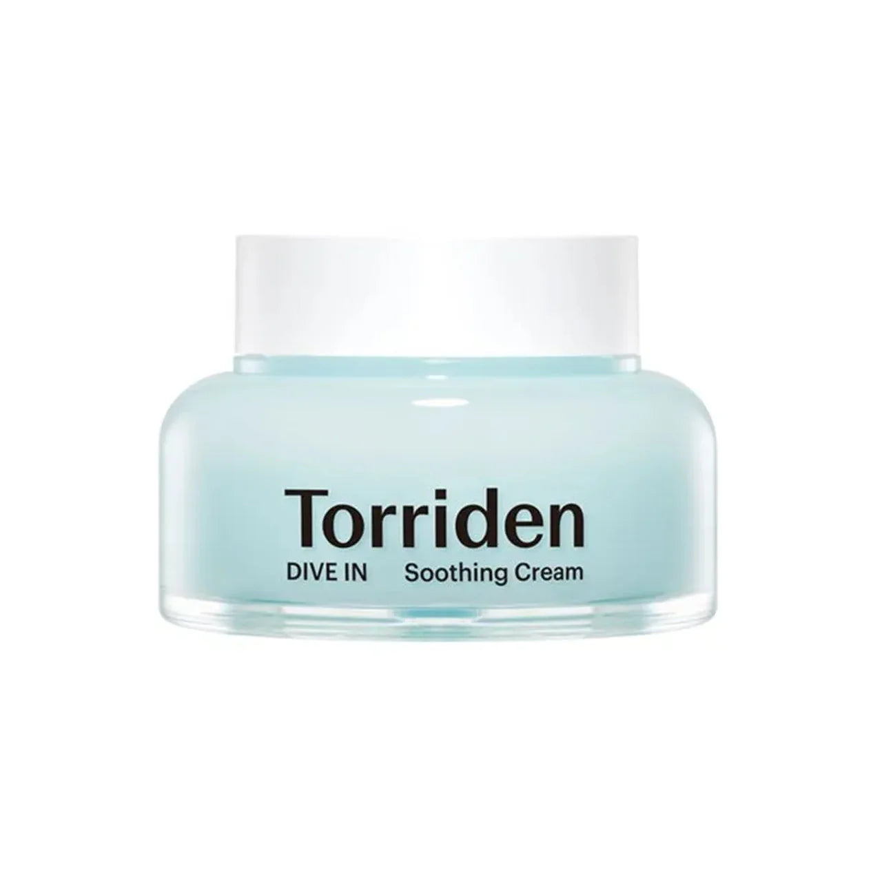 A jar of Torriden DIVE-IN Soothing Cream with a clear blue container and white lid, labeled for hydration and soothing skin.