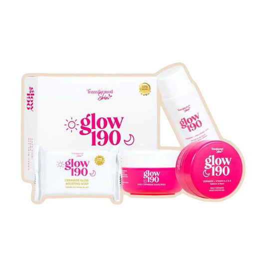 Glow 190 skincare products including a mask, cream, and powder on a white background