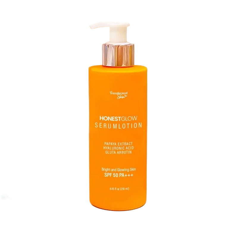 Orange serum bottle labeled 'Honest Glow' on white background