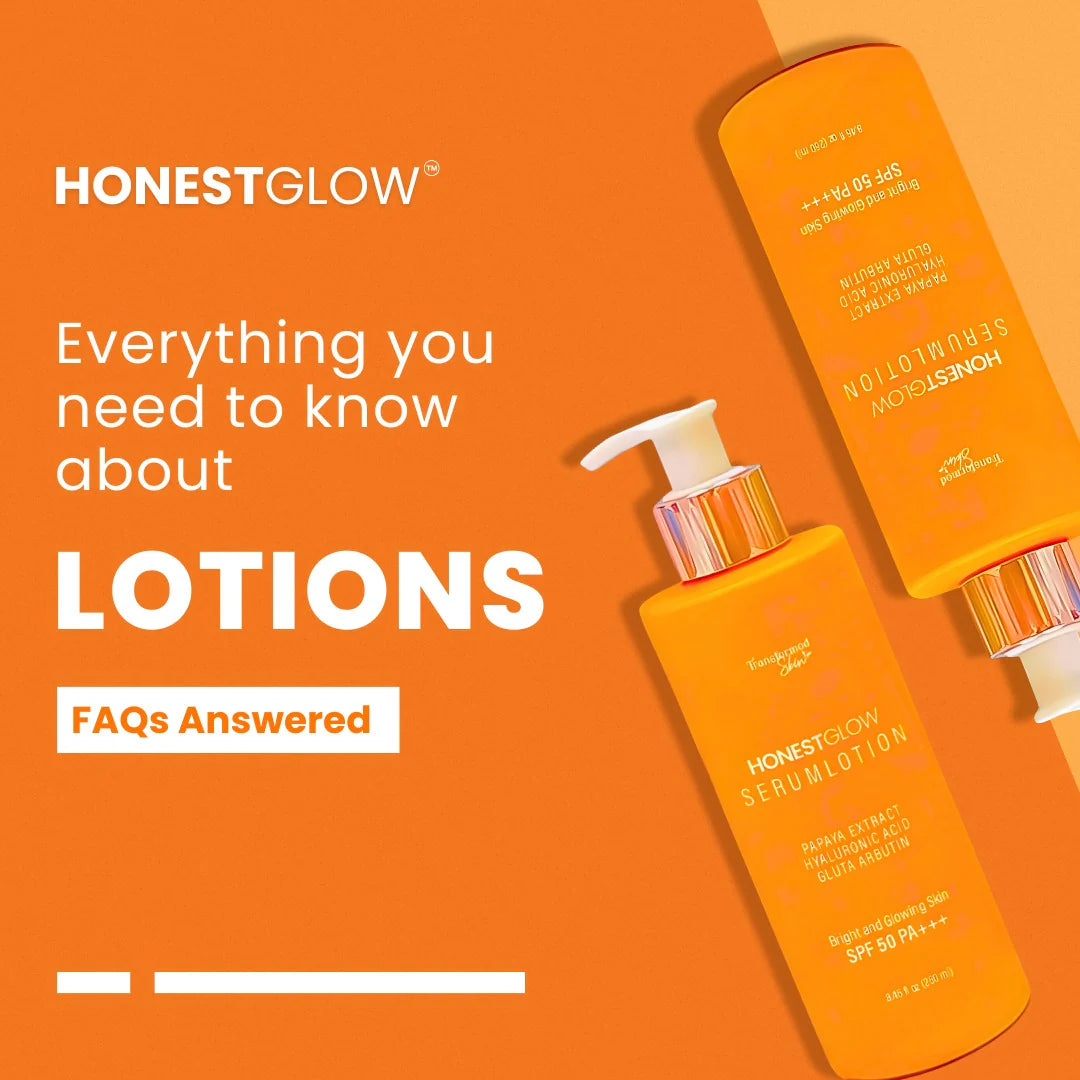 Honest Glow lotion bottles on an orange background with text about lotions.
