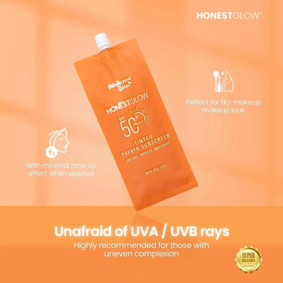 Orange pouch of Honest Glow sunscreen with product details on an orange background