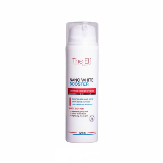 Body lotion bottle labeled 'Nano White Booster' by The Elf on a white background