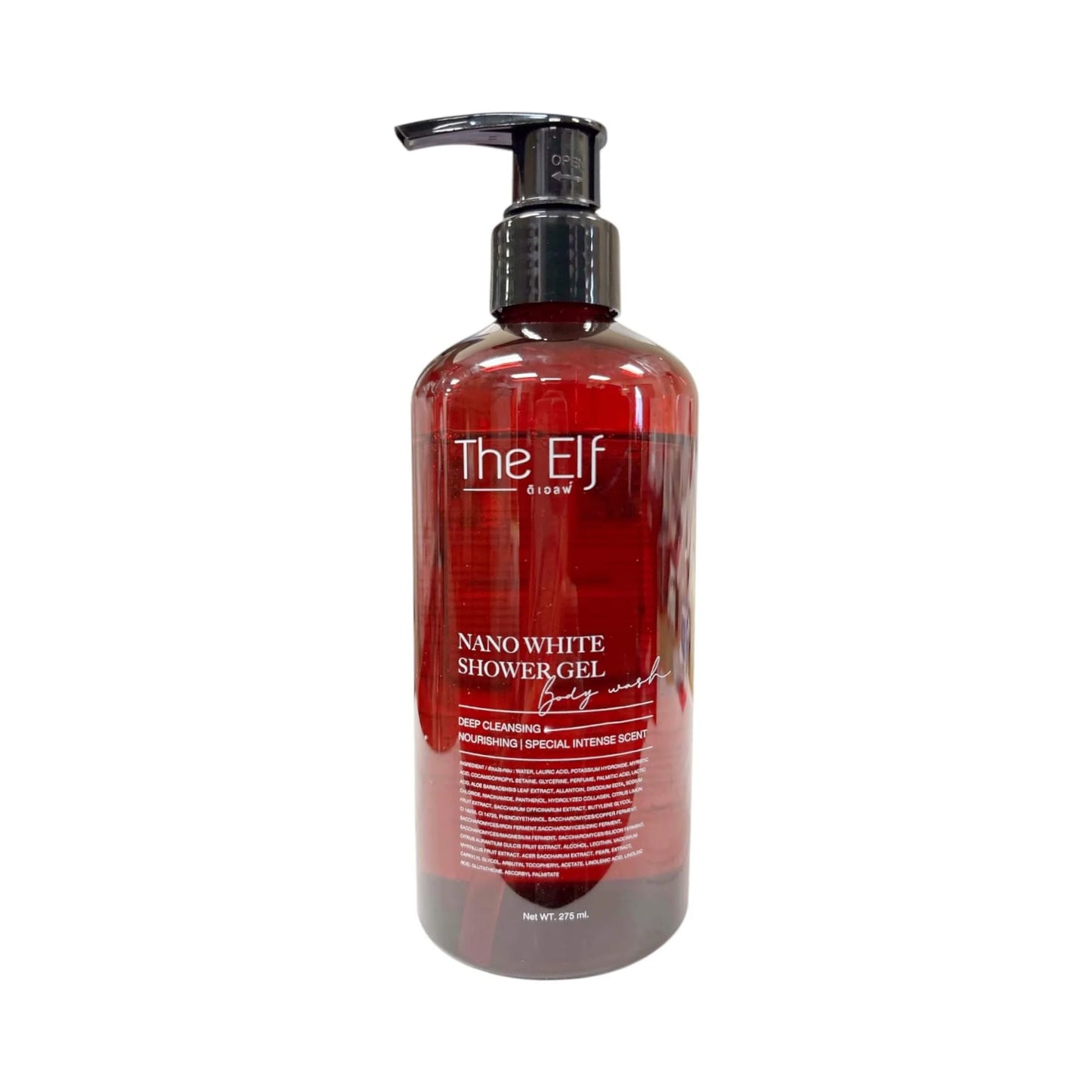 Red bottle of The Elf Nano White Shower Gel on a white background