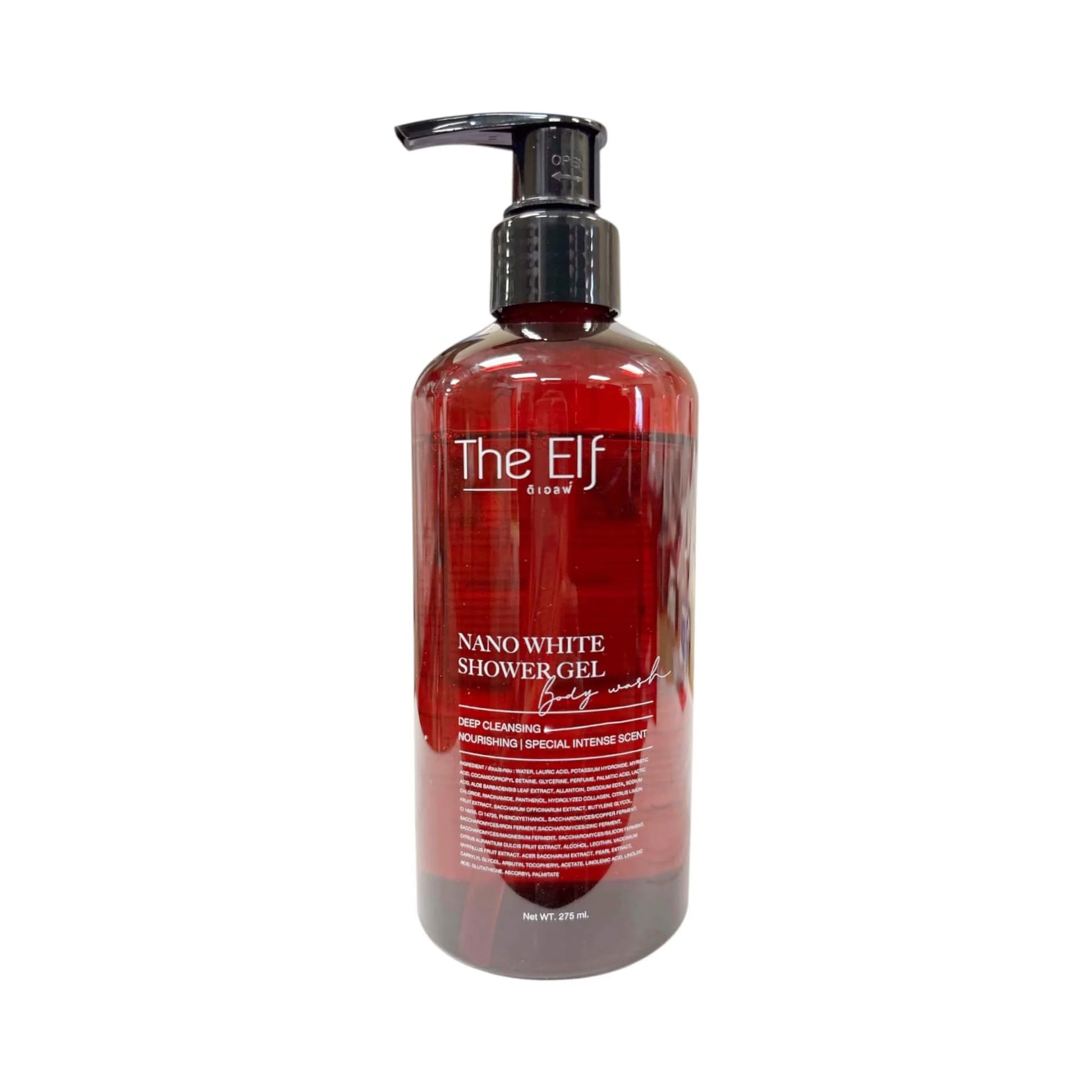 Red bottle of The Elf Nano White Shower Gel on a white background