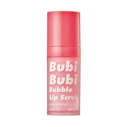 A pink tube packaging of Bubi Bubi Bubble Lip Scrub with white and red text, displaying the product name and the phrase 'EXFOLIATE & MOISTURIZE'.