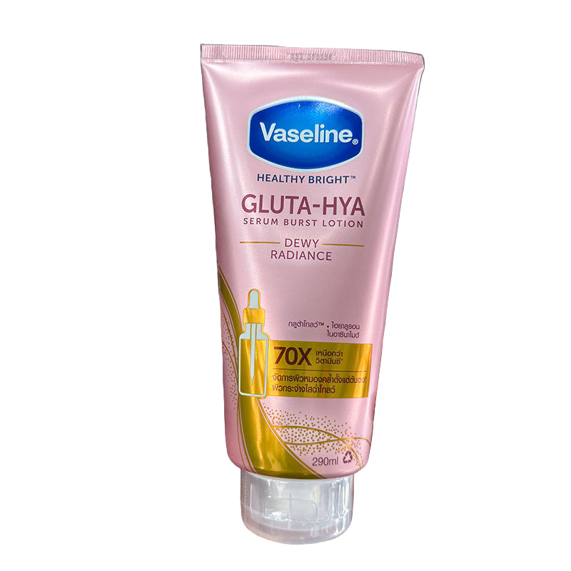 Vaseline Gluta-Hya lotion tube held in front of a store window with colorful branding.