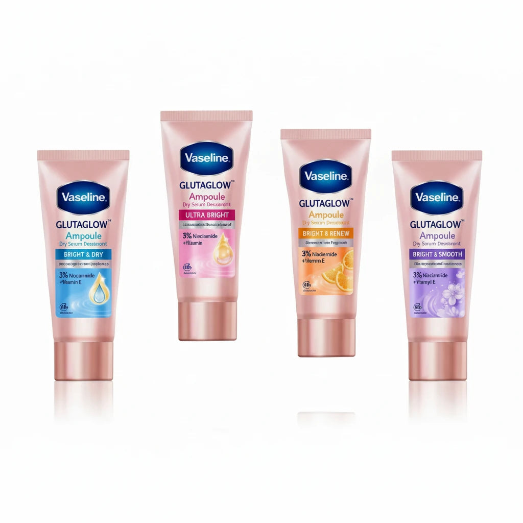 Vaseline GlutaGlow Ampoule skincare products on a light pink background
