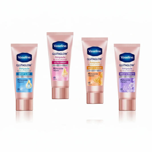 Vaseline GlutaGlow Ampoule skincare products on a light pink background