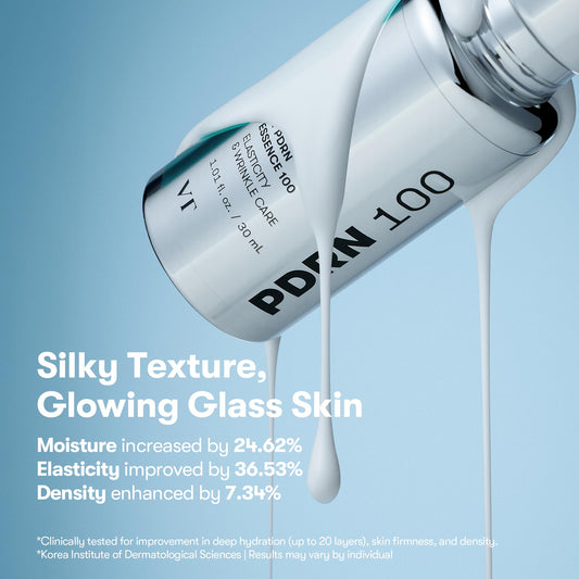 PDKN 100 skincare product with text highlighting benefits on a blue background