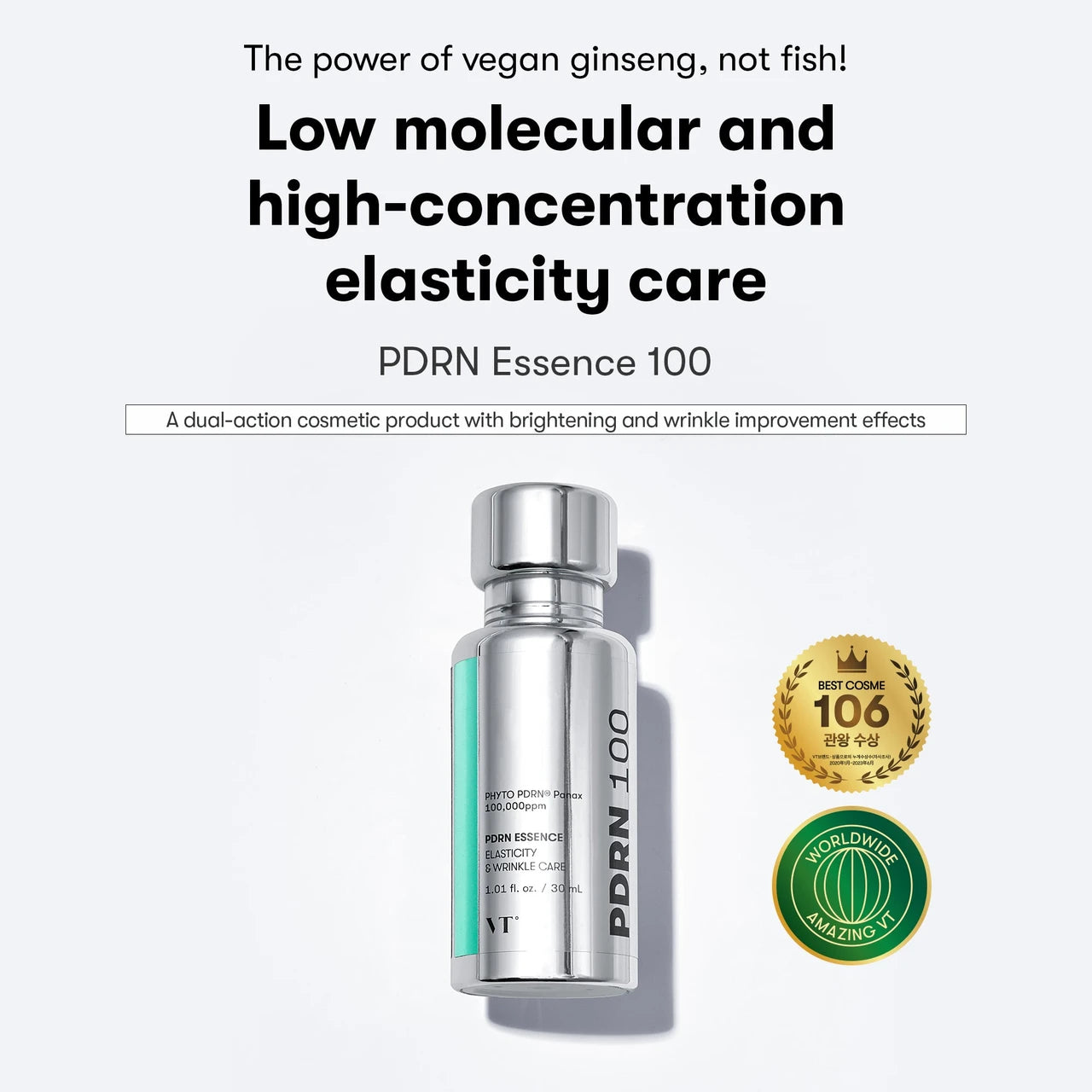 PDRN Essence 100 bottle with certification logos on a white background