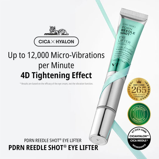 PDRN Reedle Shot Eye Lifter with Cica x Hyalon branding and product details on a white background